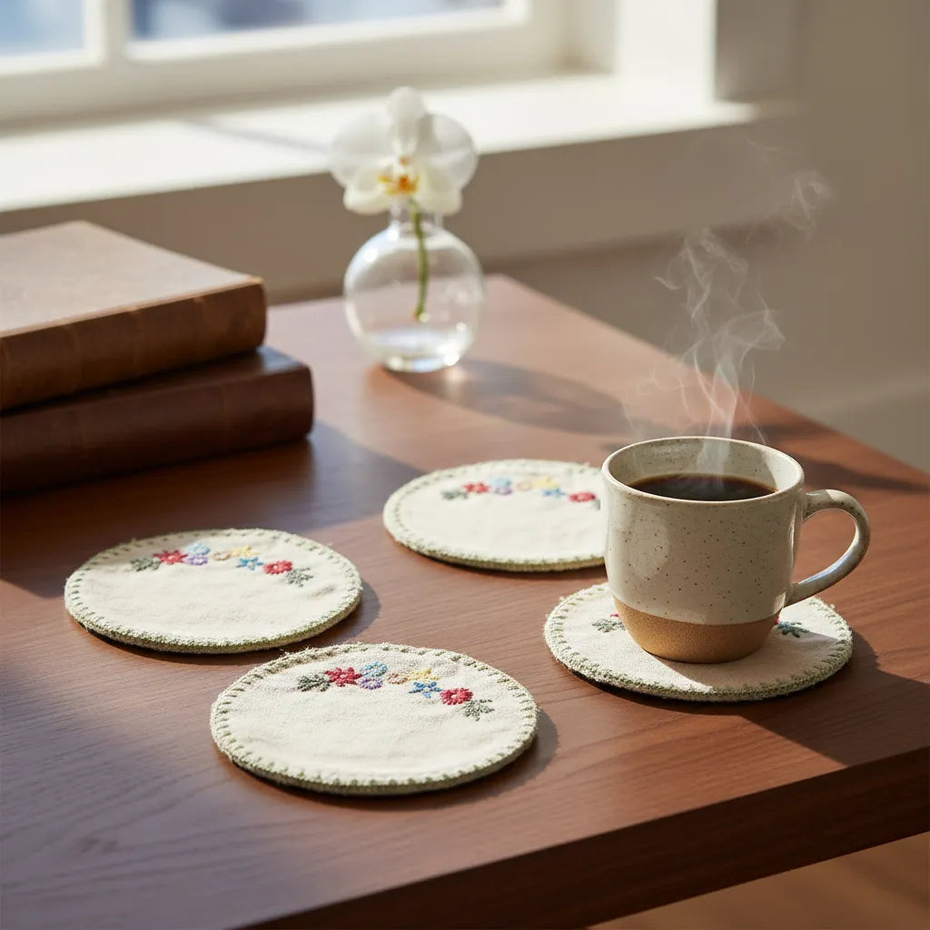 Zara Home Posavaso De Tela Bordada con Flores, Lavable, Paquete De 4