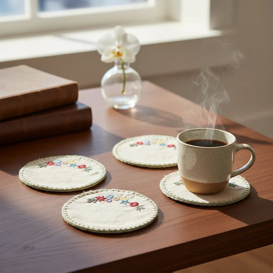 Zara Home Posavaso De Tela Bordada con Flores, Lavable, Paquete De 4