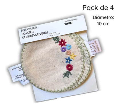 Zara Home Posavaso De Tela Bordada con Flores, Lavable, Paquete De 4